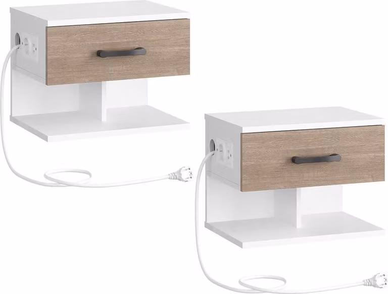 HOOBRO set di 2 comodini con stazione di ricarica a parete bianco greige
