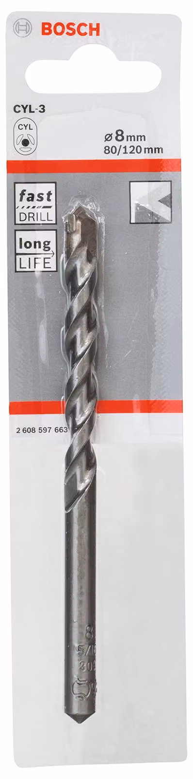 Trapano per calcestruzzo CYL-3, 8 x 80 x 120 mm, d 7,5 mm, confezione da 1 pz