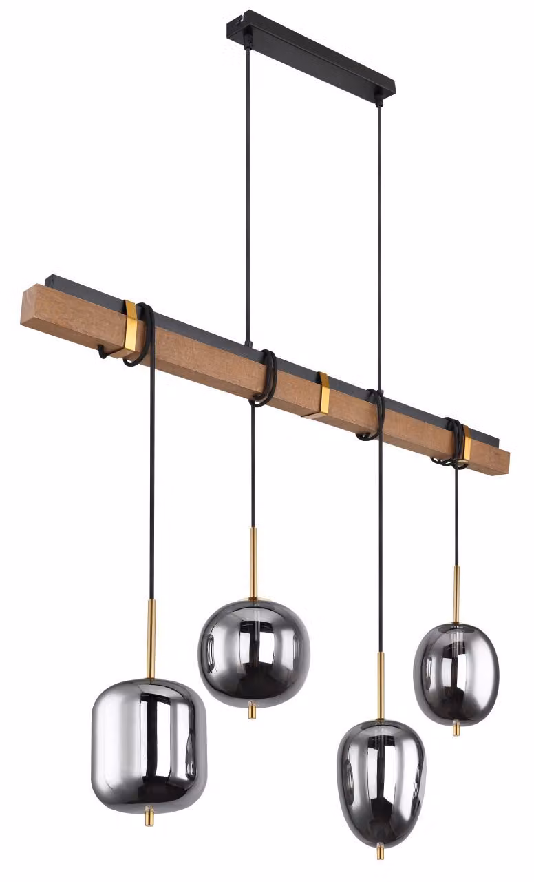 Globo Lighting lampada a sospensione metallo nero opaco, legno marrone, vetro, cavo tessile nero, altezza accorciabile, 4 vetri diversi, LxLxH: 1000x185x1400mm, excl. 4x E14 40W 230V