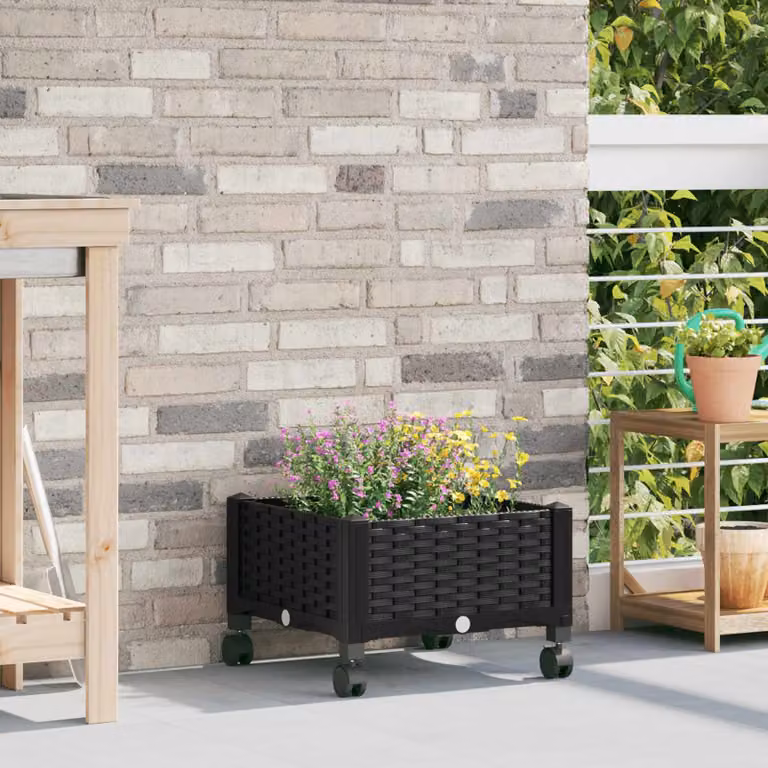 Vaso da giardino con ruote vidaXL in plastica nero L/P/H: 40 x 40 x 29 cm