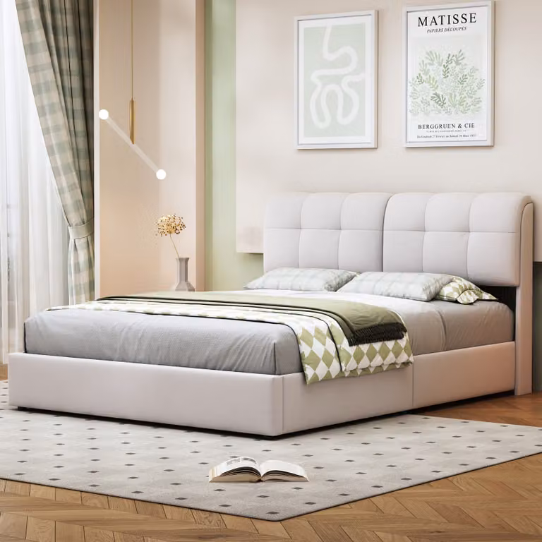 letto 160x200 con rete LED, letto matrimoniale con rete a doghe e giroletto, velluto, bianco
