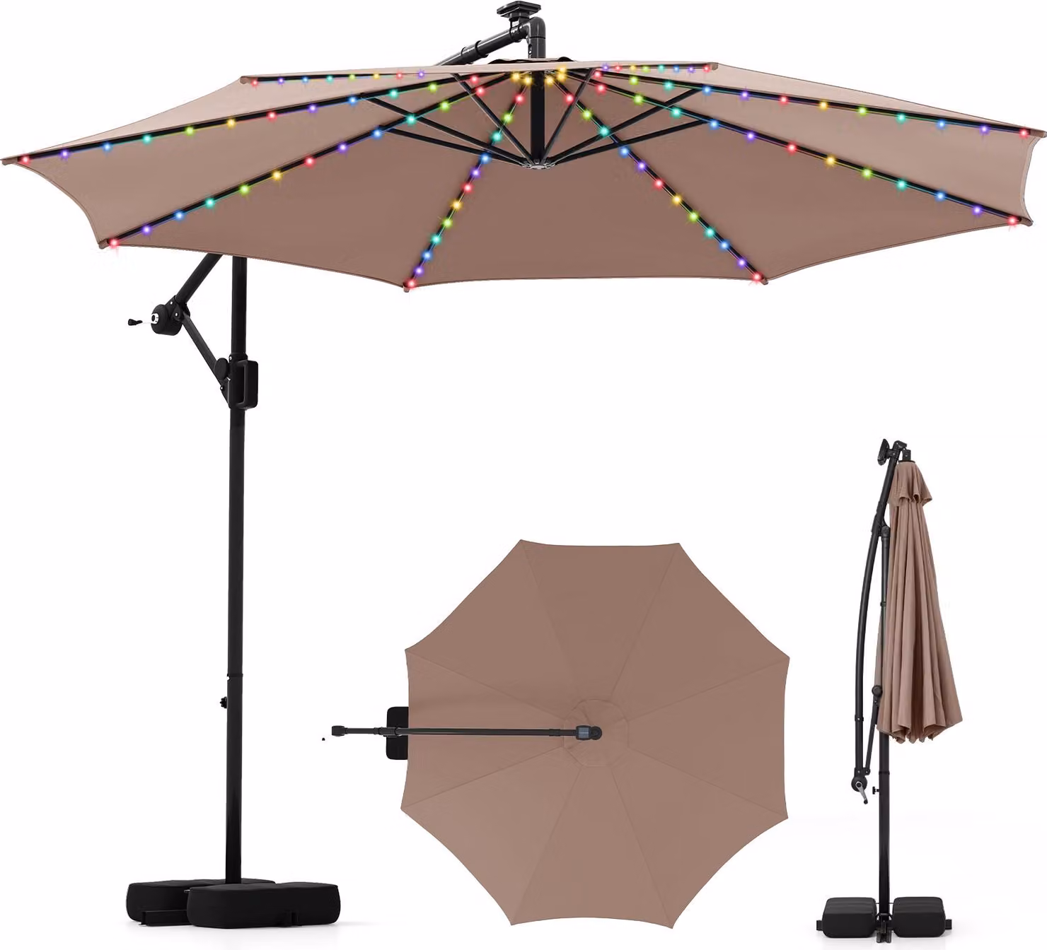 COSTWAY Ombrellone 300 cm con LED, 9 modalità, sacchi di sabbia e manovella, ombrellone a sbalzo, angolo di inclinazione regolabile, ruotabile a 360°, ombrellone da giardino marrone