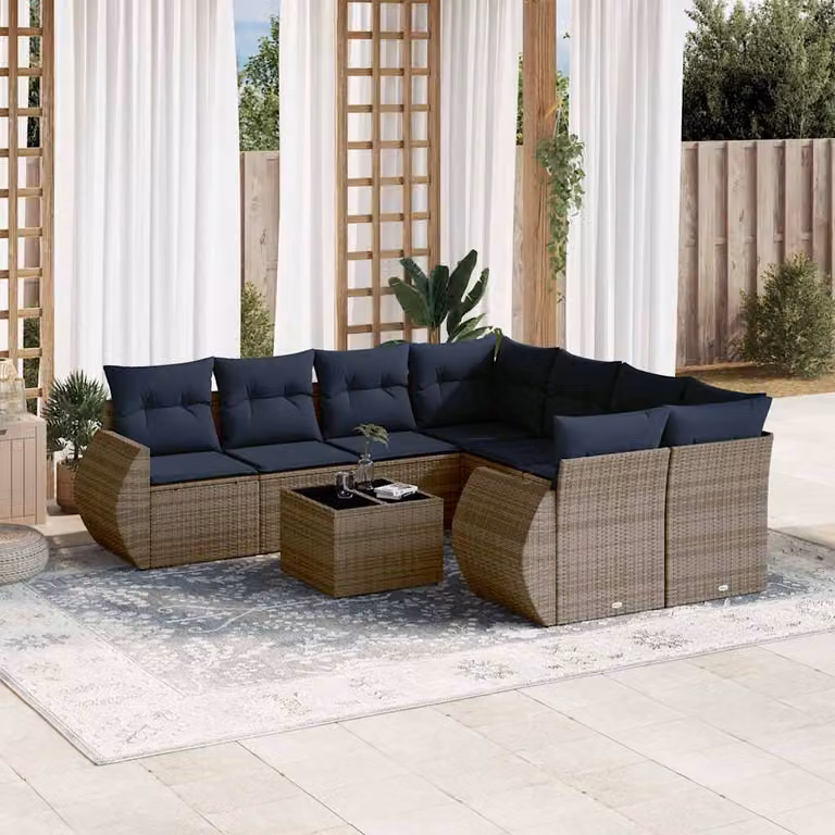 Set Divani da Giardino vidaXL 9 pz in Polyrattan Grigio con Cuscini e Tavolino da Esterno