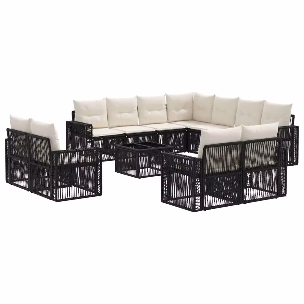 Set Divano da Giardino a Forma a U vidaXL con Tavolino da Caffè, 12 Pezzi, Nero e Bianco Crema, in Polyrattan e Acciaio Verniciato a Polvere con Cuscini Inclusi – 2