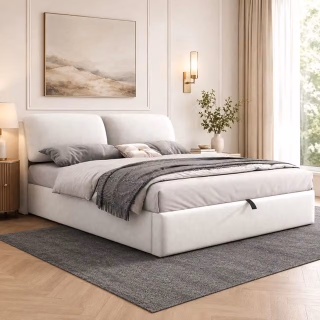 Letto contenitore 160x200 cm; letto matrimoniale con contenitore idraulico; 3 cassetti; rete a doghe e testiera; velluto; beige