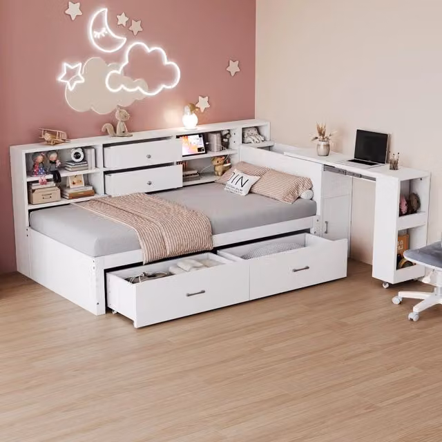 Divano letto in legno 90 x 200 cm con contenitore multifunzionale, ripiani nascosti, 2 grandi cassetti, presa multipla, scrivania estraibile - Bianco