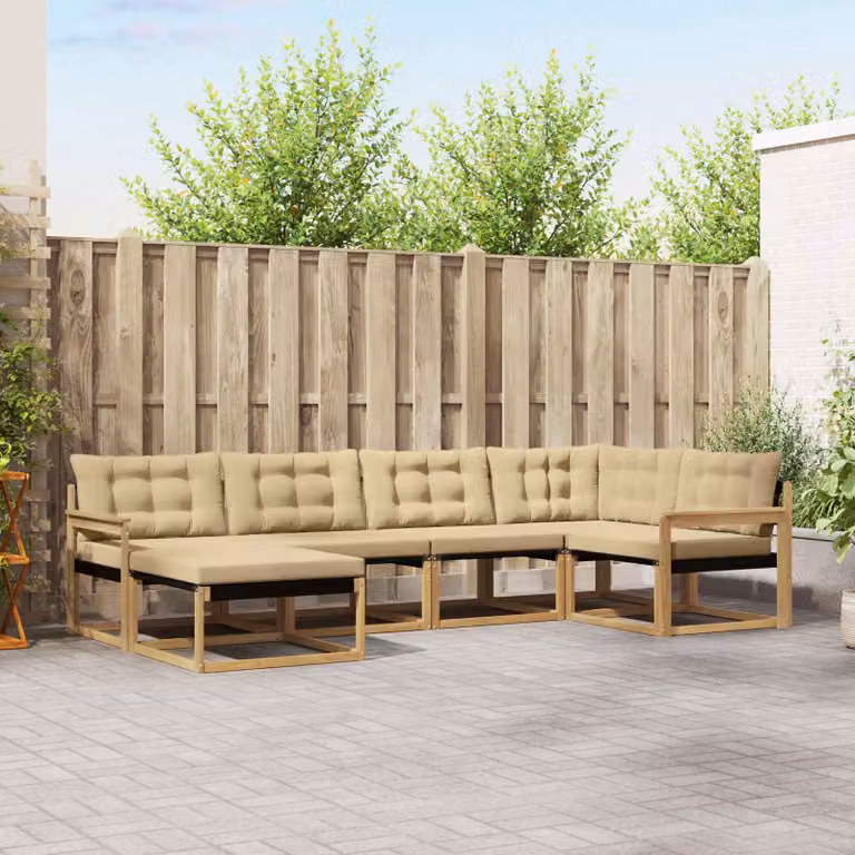 Set di divani da esterno vidaXL a forma di L composto da 6 pezzi in legno di acacia con cuscini in tessuto bianco e beige