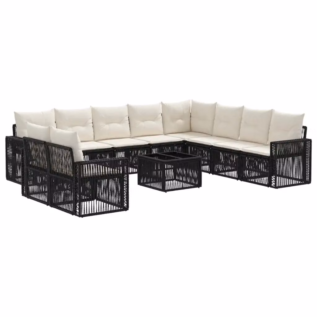 Set Divano da Giardino a L con Tavolino vidaXL, 11 Pezzi, Polyrattan Nero e Bianco Crema con Cuscini Imbottiti e Rivestimenti Rimovibili – 2