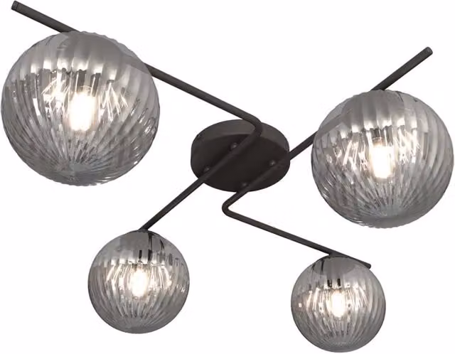 Plafoniera Moderna Polideuce Luceart-Classic con 4 Luci in Acciaio Nero e Diffusori in Vetro Rigato Grigio Fumè