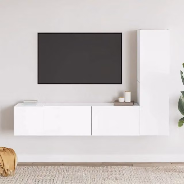 Set di mobili porta TV vidaXL in legno multistrato bianco, design minimalista con scomparti multimediali, 3 pezzi – 1