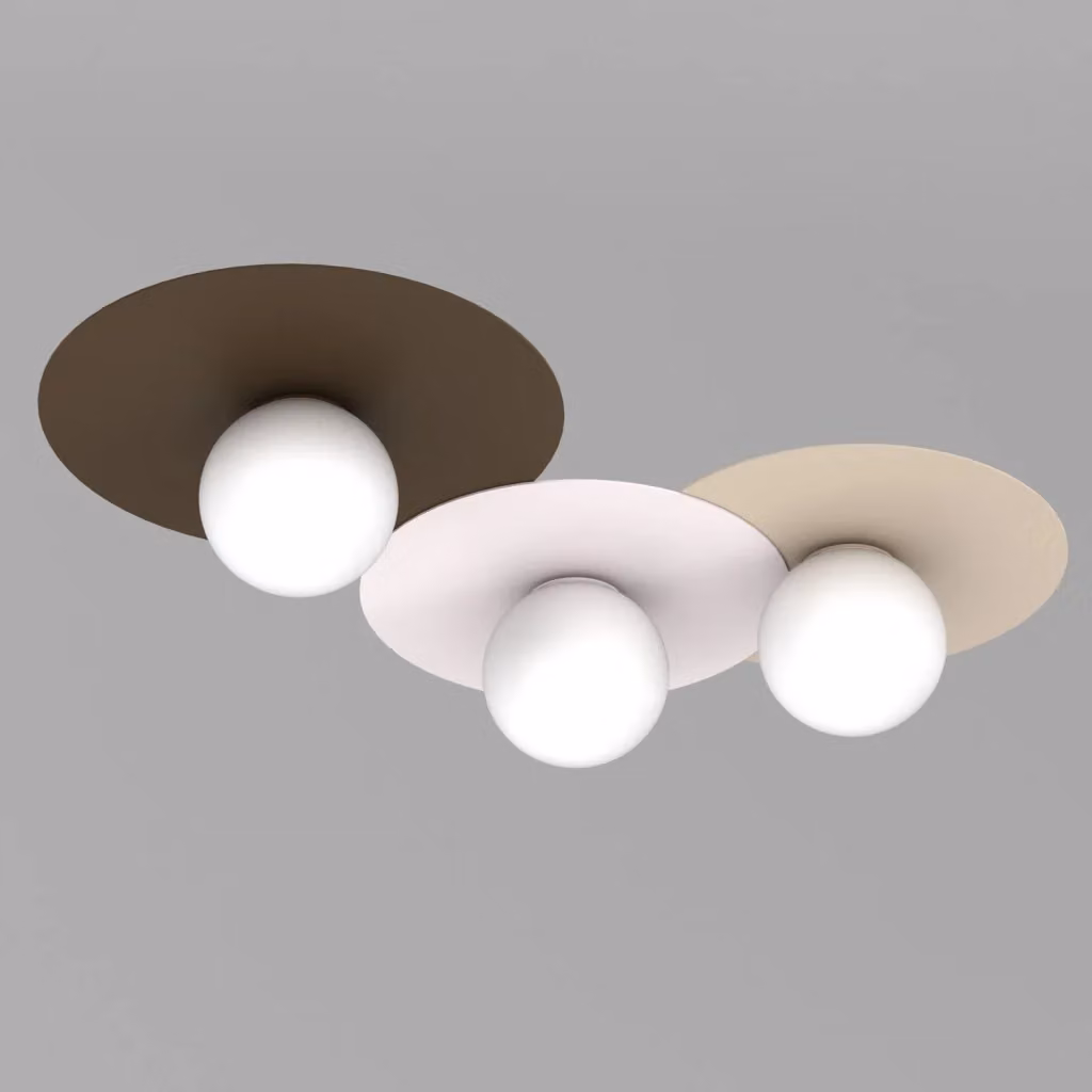Plafoniera Flat Luminex in metallo e vetro, design moderno con sfere bianche, colore beige e marrone, attacco 3xE27 – 2