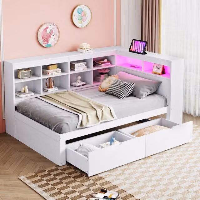 Letto singolo 90x200 cm; letto divano in legno massello bianco con cassetti; scaffali; USB e LED