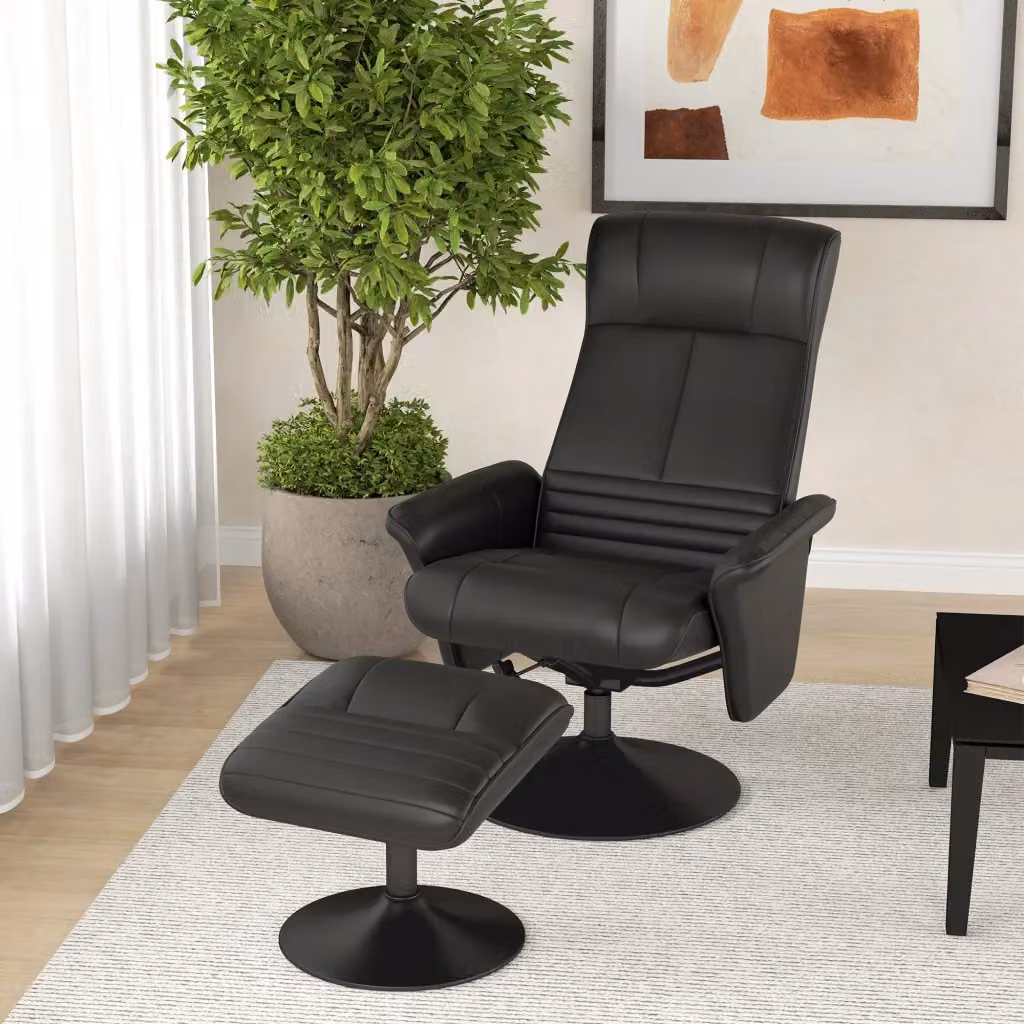 Poltrona Relax REDOM reclinabile girevole a 360 gradi con poggiapiedi, rivestimento in ecopelle e tessuto, colore nero, L: 69 cm, P: 71 cm, H: 104 cm – 2