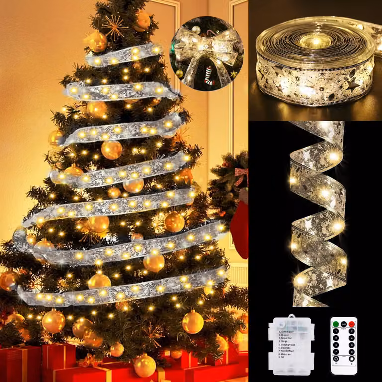 Catena luminosa da 12 metri, con 120 LED, luce bianco caldo, colore argento, con telecomando
