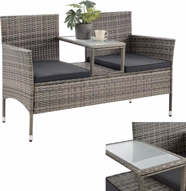Panca da giardino Juskys in polyrattan Monaco - panca a 2 posti con tavolo e cuscini - 133 × 63 × 84 cm - panca in rattan resistente alle intemperie - grigio-mattato