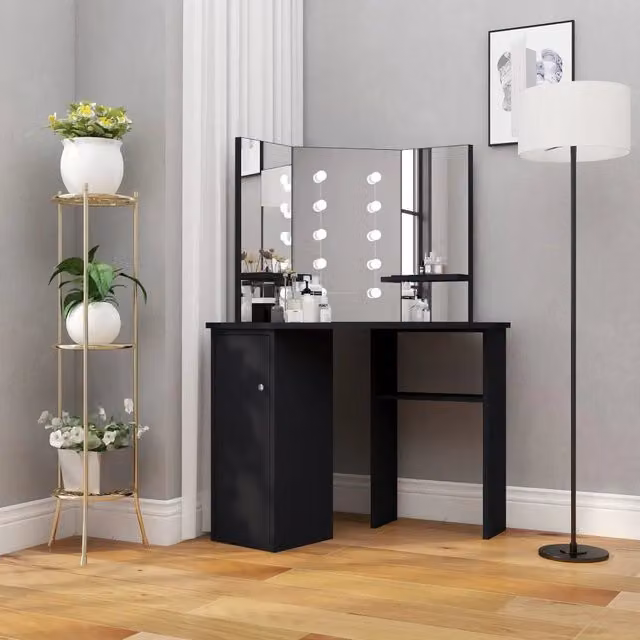 Tavolino da Trucco Angolare con LED vidaXL Nero L: 111 cm, P: 54 cm, H: 141,5 cm