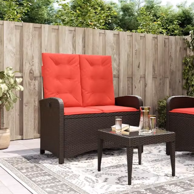 Panca da giardino reclinabile vidaXL in rattan marrone con cuscini rossi – 1