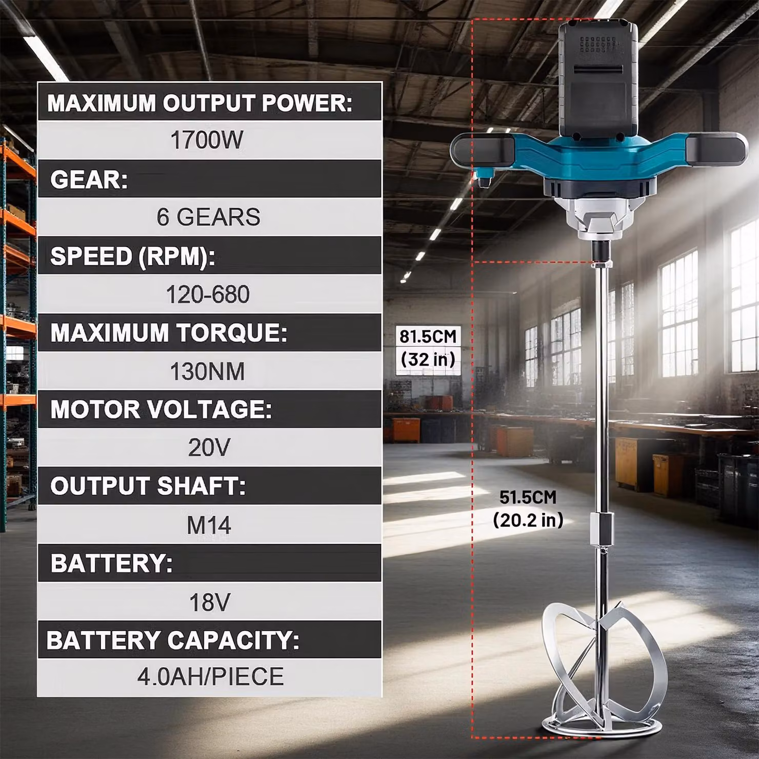 Miscelatore per calcestruzzo - Miscelatore elettrico a batteria per malta e vernici - Motore brushless - 6 velocità - Adatto per cemento, malta e intonaco - 2 batterie