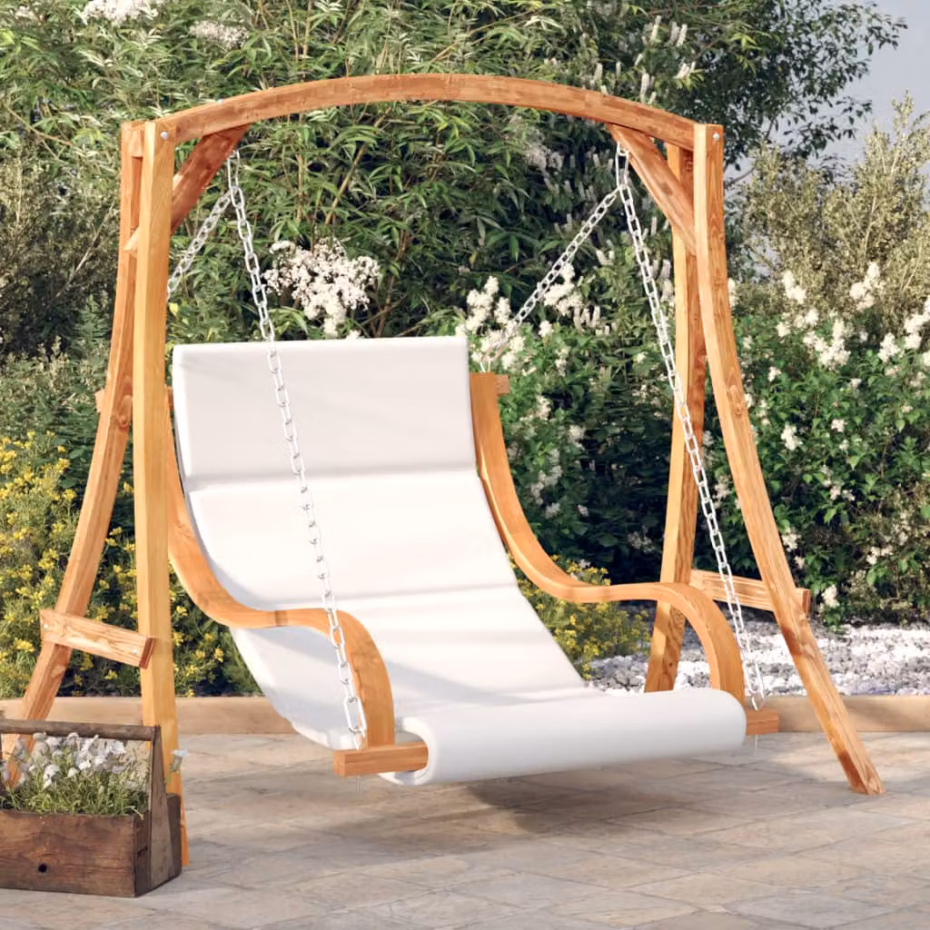 Sedia a dondolo vidaXL in legno di abete con cuscino beige e finitura teak per giardino e terrazzo