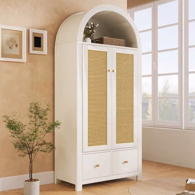 Armadio guardaroba 181x78x45 cm bianco con ante in rattan; 2 cassetti e barra appendiabiti in MDF