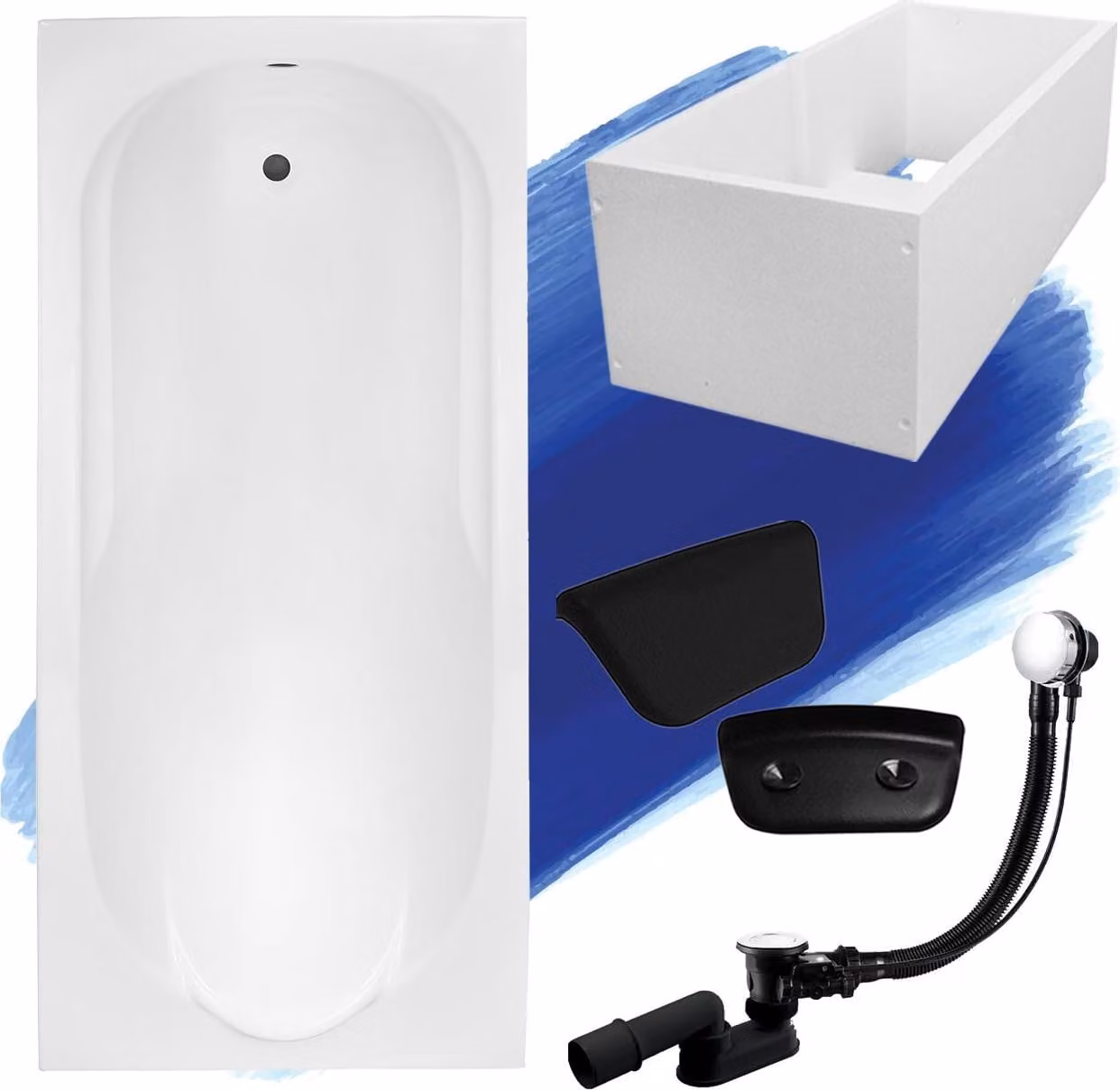 Set da bagno rettangolare 5in1 180x80 con set di scarico premium e piedini FREE + supporto da bagno + poggiatesta in nero | BADLAND BONA