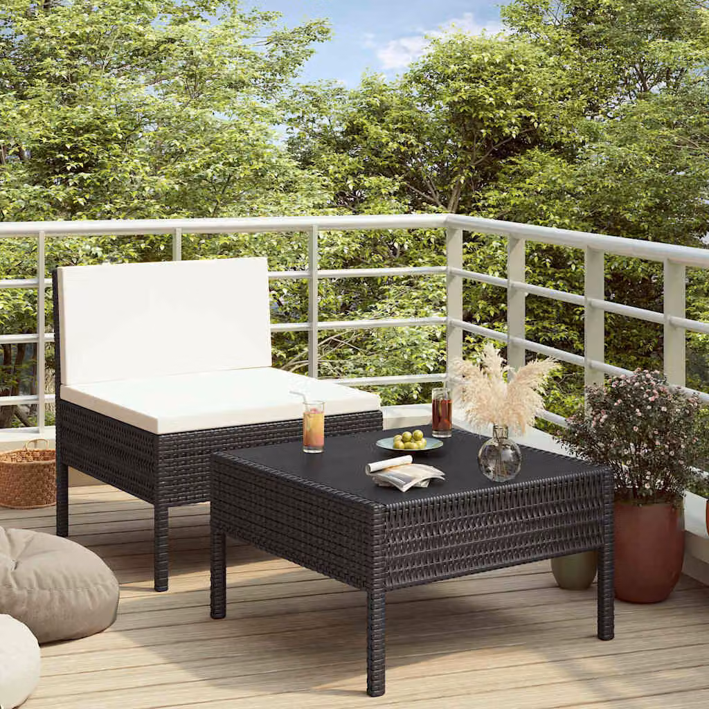 Set da giardino moderno vidaXL composto da divano a 2 posti e tavolino con cuscini bianchi e struttura in metallo nero