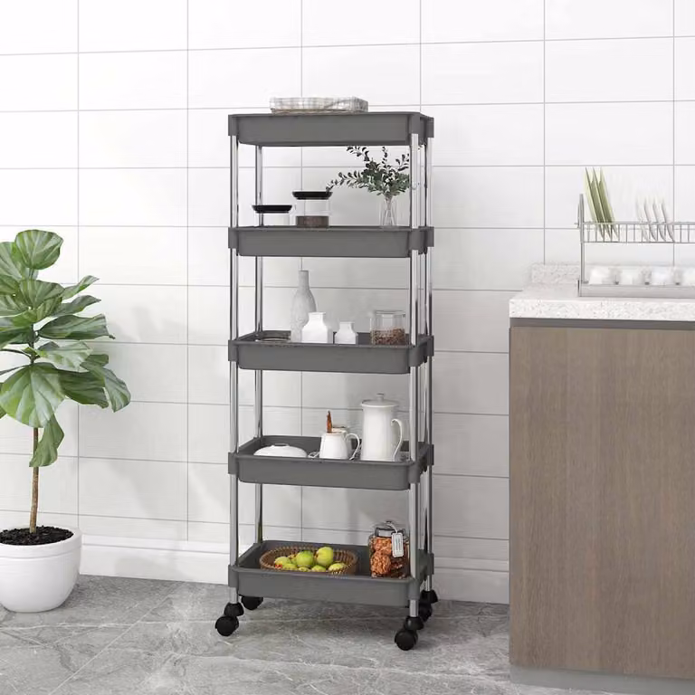 vidaXL Carrello da Cucina Moderno con 5 Ripiani Grigio L: 42 cm, P: 29 cm, H: 128 cm in Metallo e Plastica