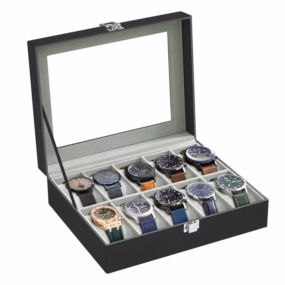 Scatola Portaorologi a 10 Posti, Superficie in PU Nera + Interno Grigio