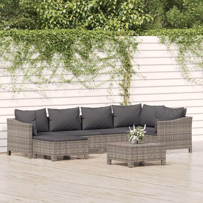 The Living Store Set da salotto da giardino 7 pezzi con cuscini in poly rattan grigio