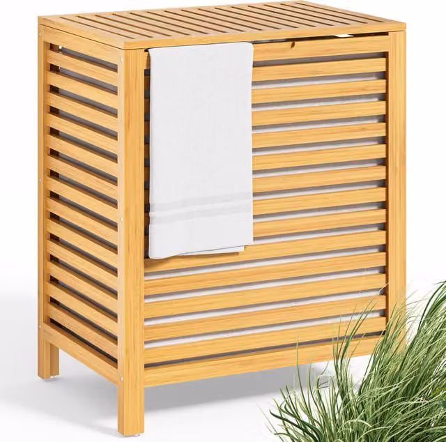 Cesto per la biancheria in bambù Casaria® marrone con coperchio e sacca rimovibile in cotone da 62L, H: 61.0 cm, L: 36.0 cm, P: 51.0 cm – 1