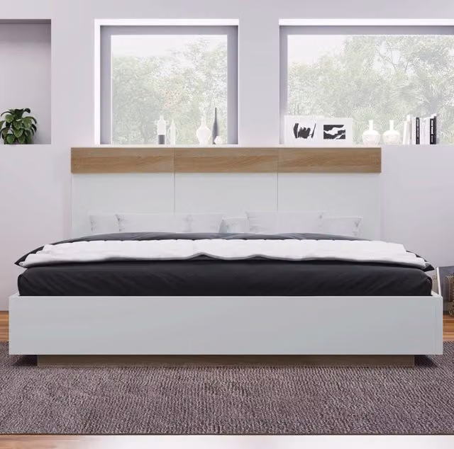 Letto matrimoniale in legno Sonoma con testiera e rete a doghe 140x200 cm, bianco e quercia
