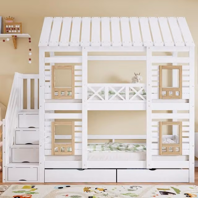 Letto a castello per bambini WISHDOR in legno e MDF con struttura a casetta, scala contenitore e scomparti laterali, bianco e beige, L/P/H: 200 x 90 x 190 cm
