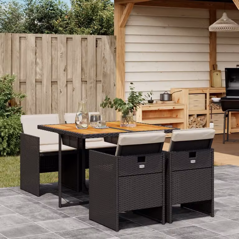 vidaXL Set da Pranzo da Giardino 5 pz in Polyrattan e Legno di Acacia con Cuscini Nero