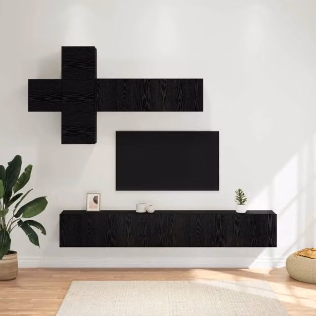 Set mobile TV moderno vidaXL in legno ingegnerizzato composto da 7 pezzi, colore Rovere e Nero
