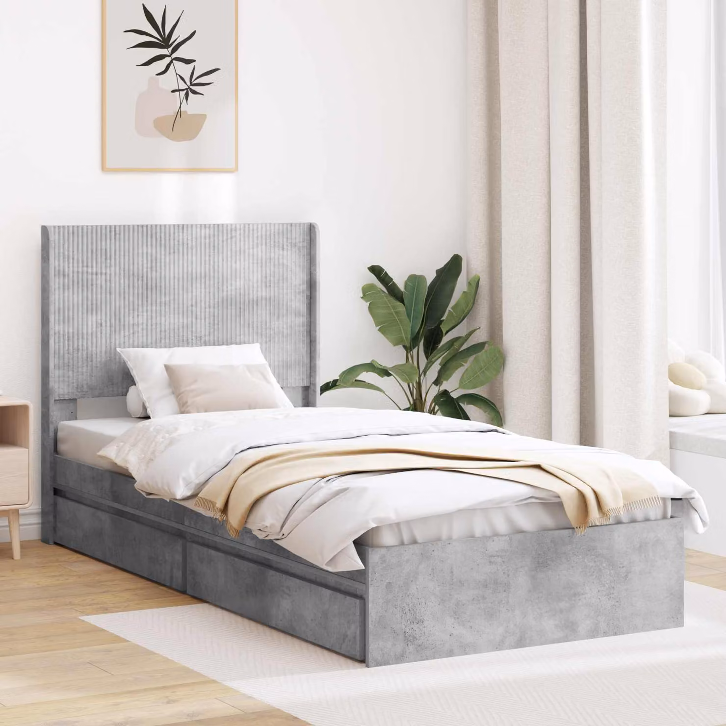 Struttura letto con stoccaggio e testata vidaXL in legno ingegnerizzato Grigio Cemento L: 140 cm, P: 100 cm, H: 97 cm