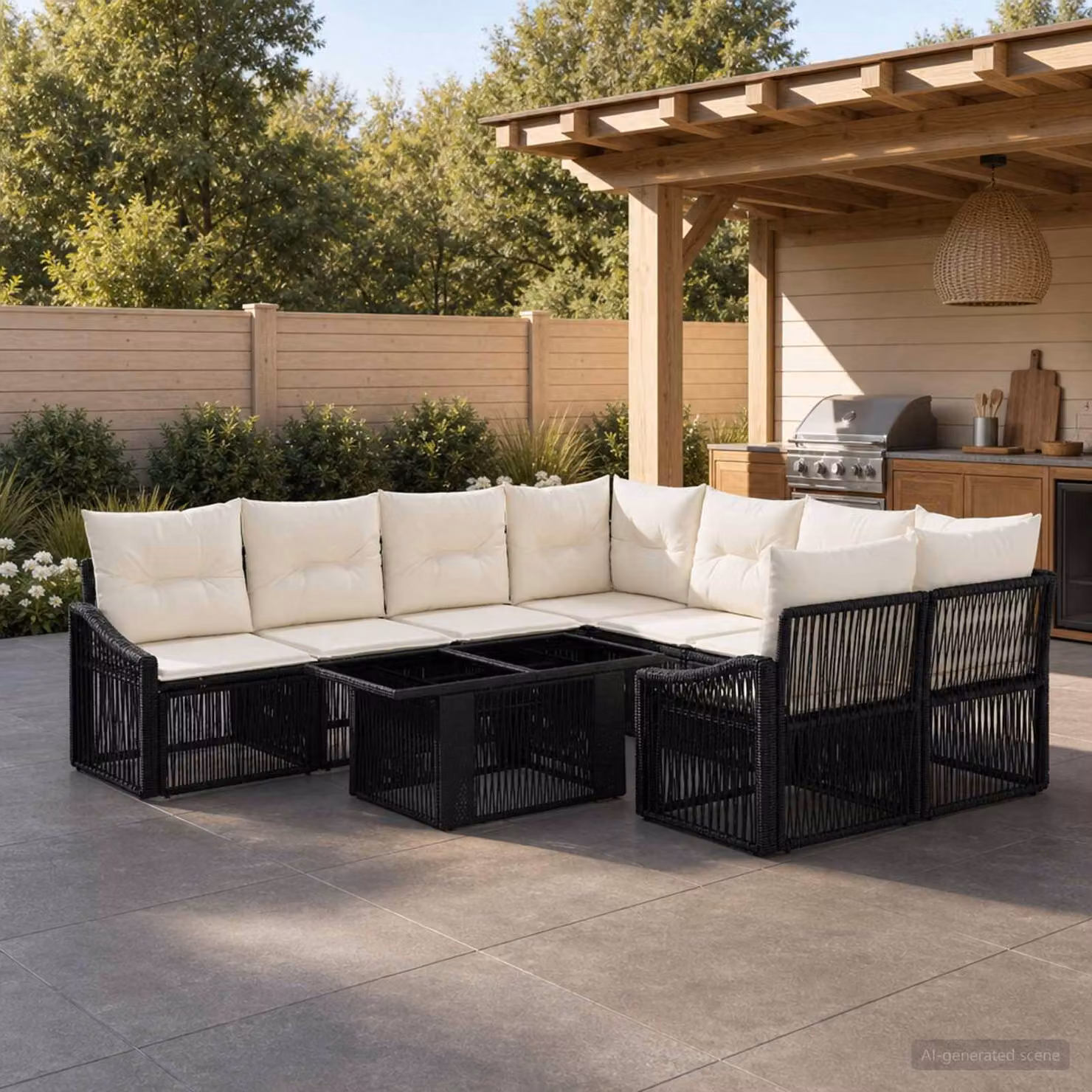 Set Divano da Giardino Moderno vidaXL in Polyrattan 9 Pezzi con Cuscini, Nero e Bianco Crema