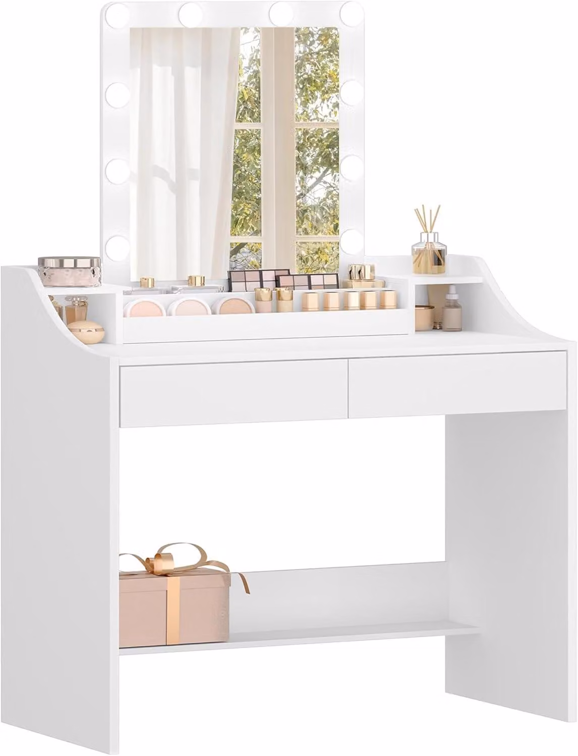 Scrivania da trucco da 90 cm con illuminazione a LED e specchio, altezza regolabile, intensità luminosa regolabile, colore bianco