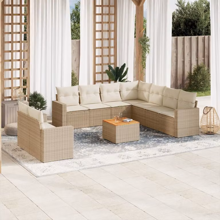 vidaXL Set Divano da Giardino 10 pz in Polyrattan con Cuscini Beige e Tavolino da Caffè