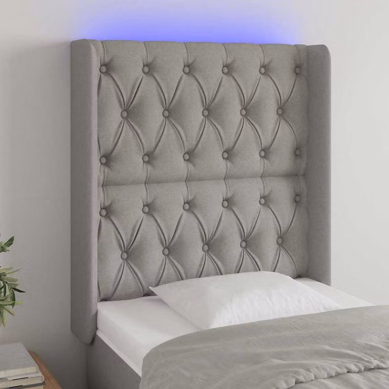 Testiera per letto con illuminazione LED e porta di ricarica USB vidaXL in tessuto grigio, L/P/H: 83 x 16 x 118/128 cm
