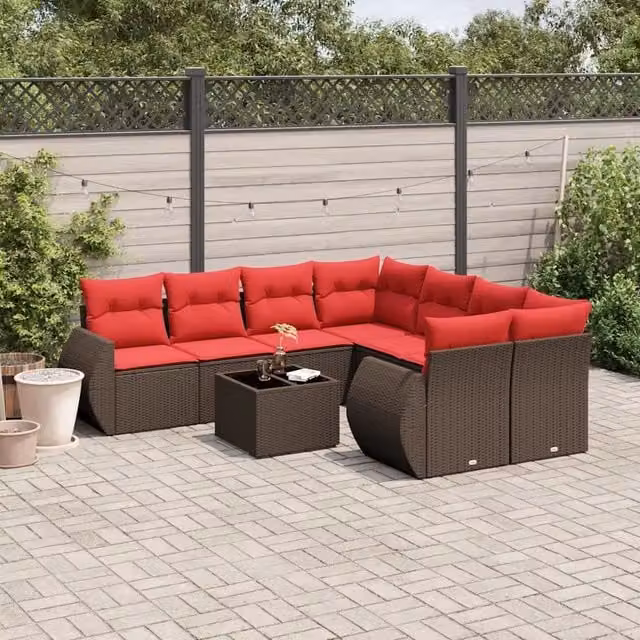 Set Divani da Giardino 9 Pezzi vidaXL in Polyrattan Marrone con Cuscini e Tavolino da Esterno