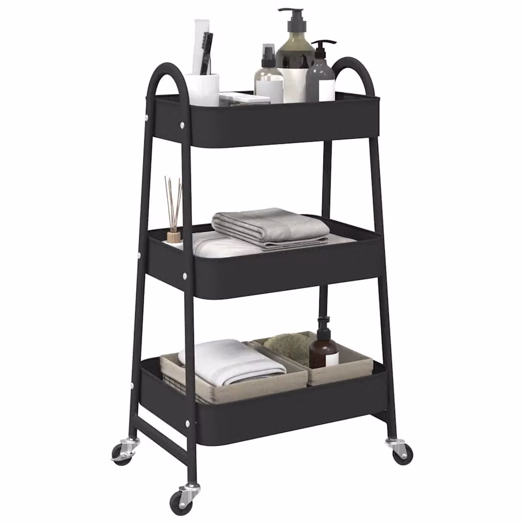 Carrello portaoggetti a 3 ripiani vidaXL in acciaio nero e trasparente L/P/H: 42 x 41,5 x 77 cm