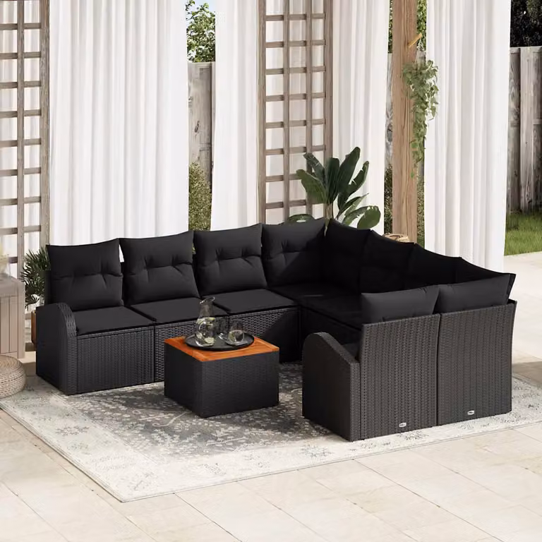 Set Divano da Giardino vidaXL 9 pz Nero con Cuscini e Contenitore per Archiviazione in Polyrattan e Acciaio
