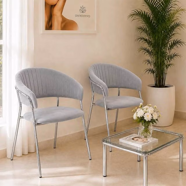 Set da 2 sedie da pranzo Aurelia in velluto grigio con gambe in metallo cromato lucido