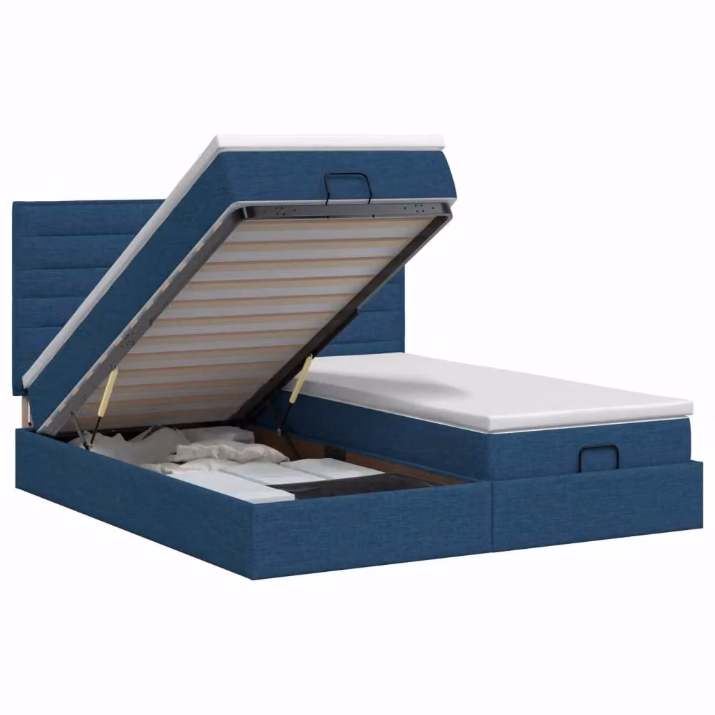 Letto ottomano con materasso e testiera vidaXL in tessuto blu e bianco, base a sollevamento, L/P/H: 200 x 200 x 88 cm – 2