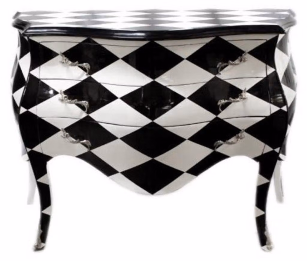 Comò Casa Padrino Barock, motivo a scacchi nero/bianco, realizzato a mano in legno massello, larghezza 125 cm, profondità 56 cm, altezza 86 cm