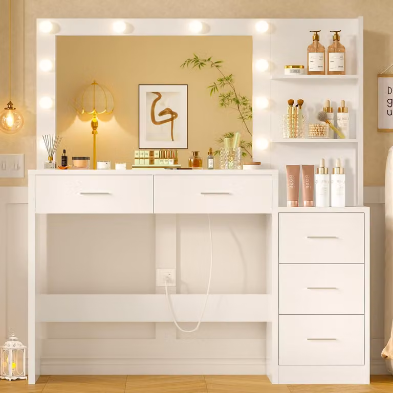 Comò da trucco da 110 cm con specchio e luci LED, 5 cassetti, 2 ripiani aperti, colore bianco