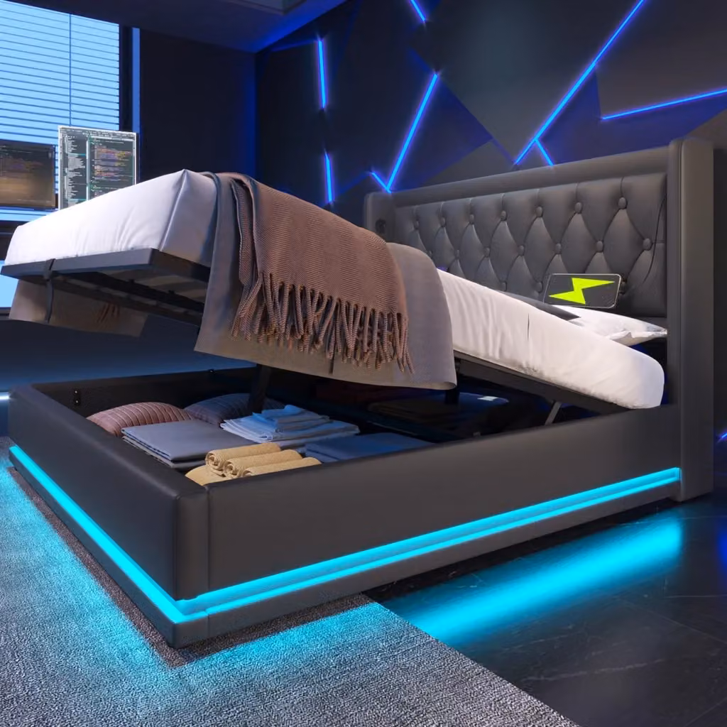Letto contenitore Mivray con sollevamento idraulico, testiera imbottita in similpelle nera, illuminazione LED sottostante e porta di ricarica USB Type-C, L/P/H: 140 x 200 cm – 2
