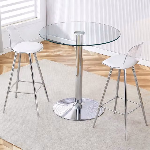 Tavolo rotondo in vetro trasparente con 2 sgabelli alti, base in metallo, stile moderno, per cucina, bar e uffici, 89 cm