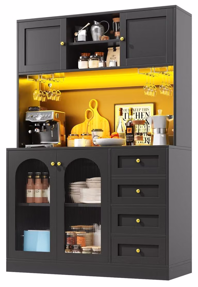 Mobiletto da cucina, armadio contenitore, credenza con illuminazione a LED, 4 ante, mobile portaoggetti, dimensioni 120x40x188 cm, colore nero
