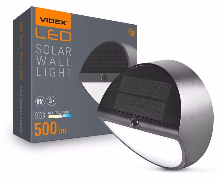 LAMPADA SOLARE A LED DA PARETE CON SENSORE DI MOVIMENTO VIDEX 500Lm 5000K nero